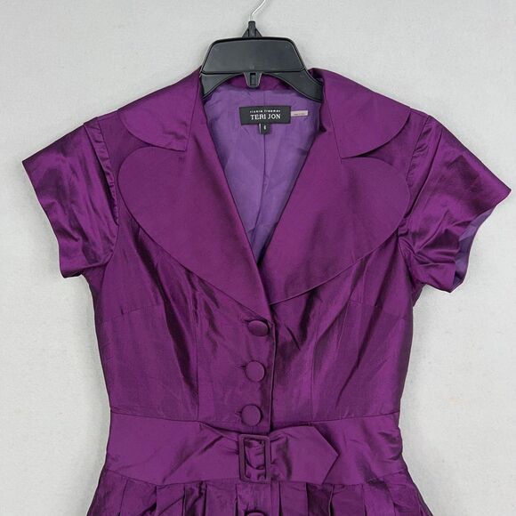 Teri Jon Rickie Freeman Dress Women 6 Purple Silk Shirt Belted Pleated MOB Party - Picture 2 of 14
